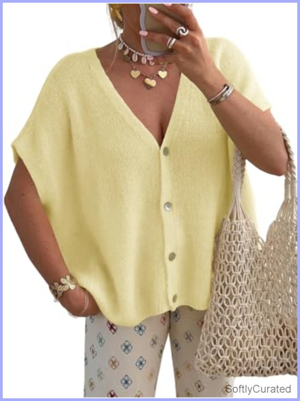 Oversized Knit Button Down Cardigan Short Sleeve V Neck Baggy Fit